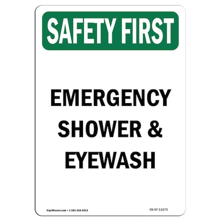 Signmission Safety Sign, OSHA SAFETY FIRST, 5" Height, Emergency Shower And Eyewash, Portrait OS-SF-D-35-V-11075